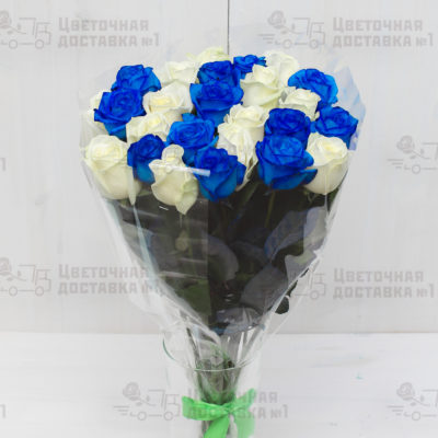 Синие и белые розы 25 штук