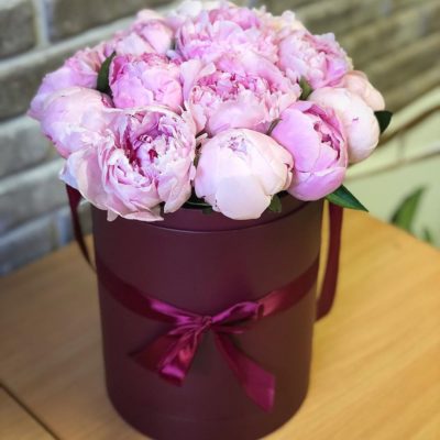Букеты из розовых пионов в шляпных коробках в СПб